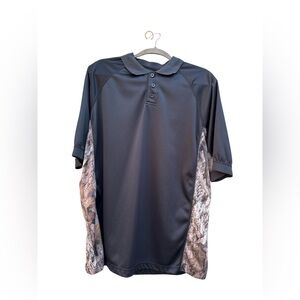 Buckhorn River Polo Shirt Men XL Black‎ Brown Camo Side Panels Hunting EUC SS